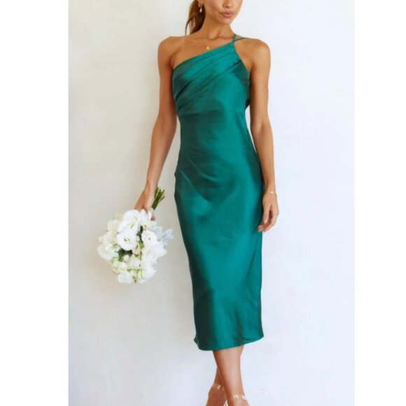 Silky One Shoulder Midi Dress - Emerald Green - Picture 7 of 8